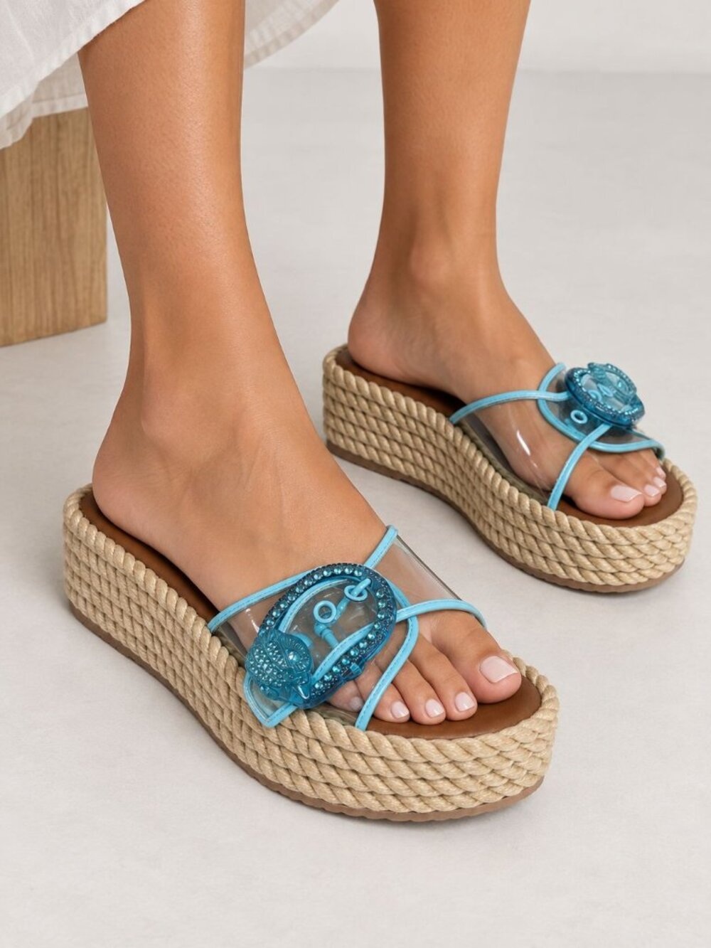 Kurt Geiger Blue Platform Sandals Size 6.5 Crystal Espadrille Slides